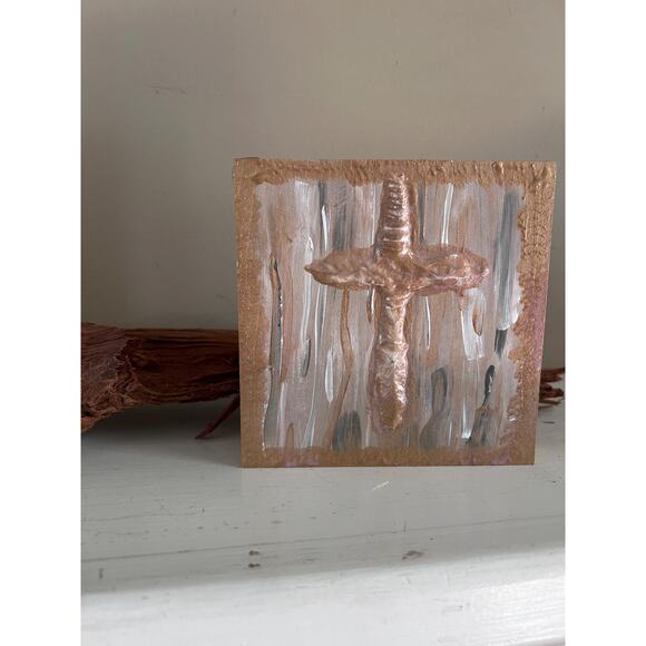 Other - SALE Gold Cross Wood Painting HandPainted Wall Art 5x5 Block Textured White Gold